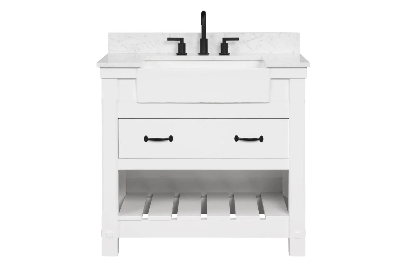 Farmington 36" White Open Shelf Vanity Set with Carrara Marble Top Horizon Tile