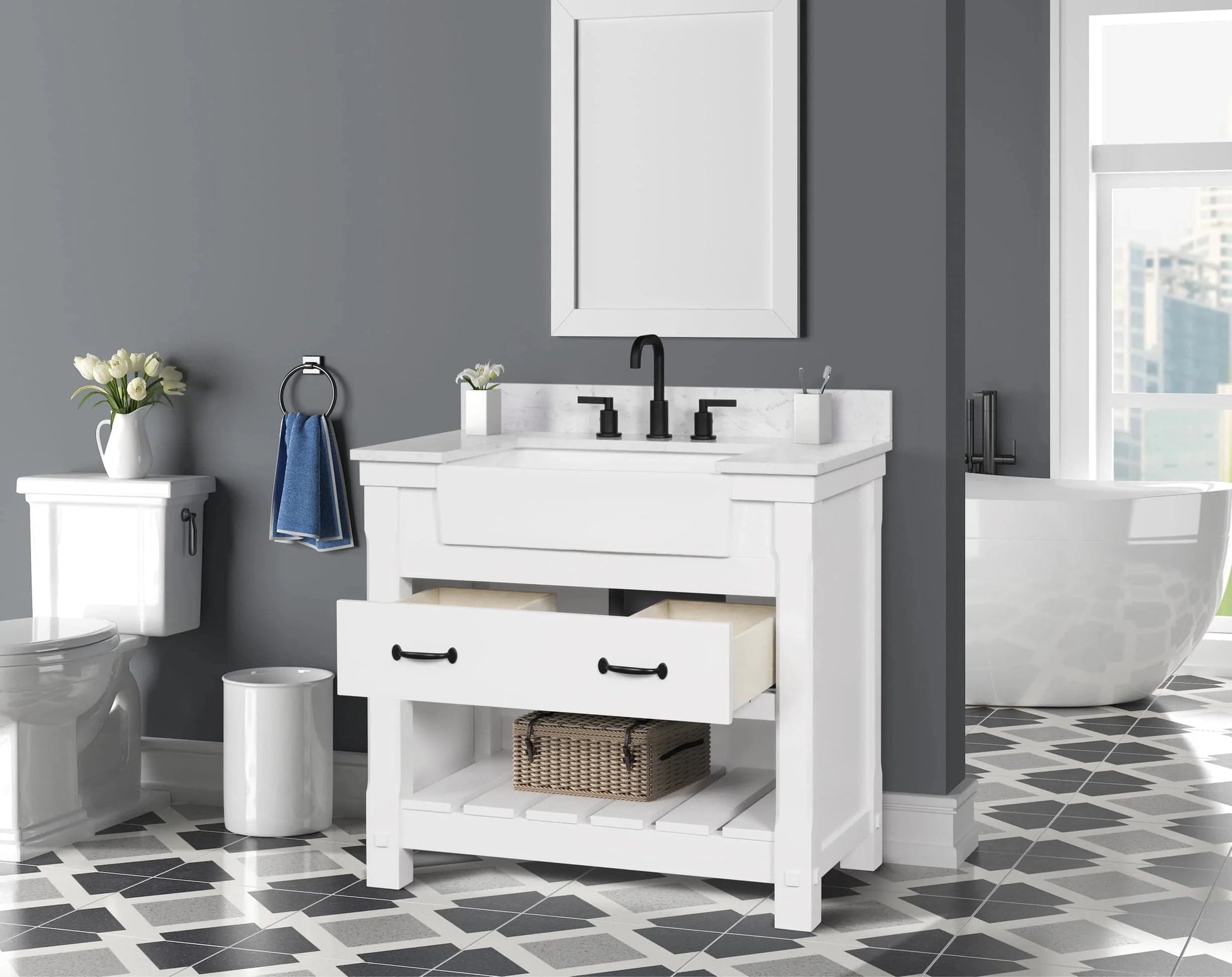 Farmington 36" White Open Shelf Vanity Set with Carrara Marble Top Horizon Tile