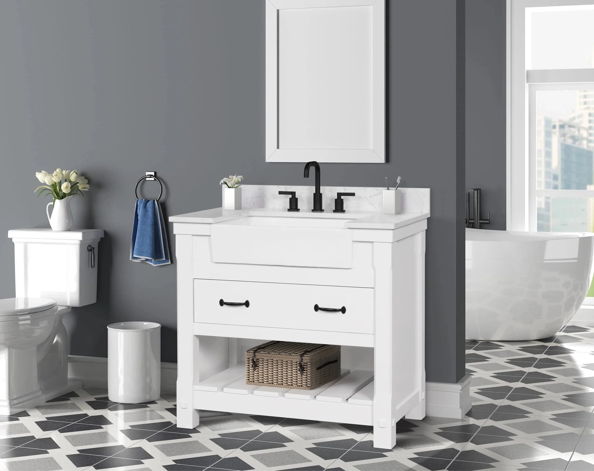 Farmington 36" White Open Shelf Vanity Set with Carrara Marble Top Horizon Tile