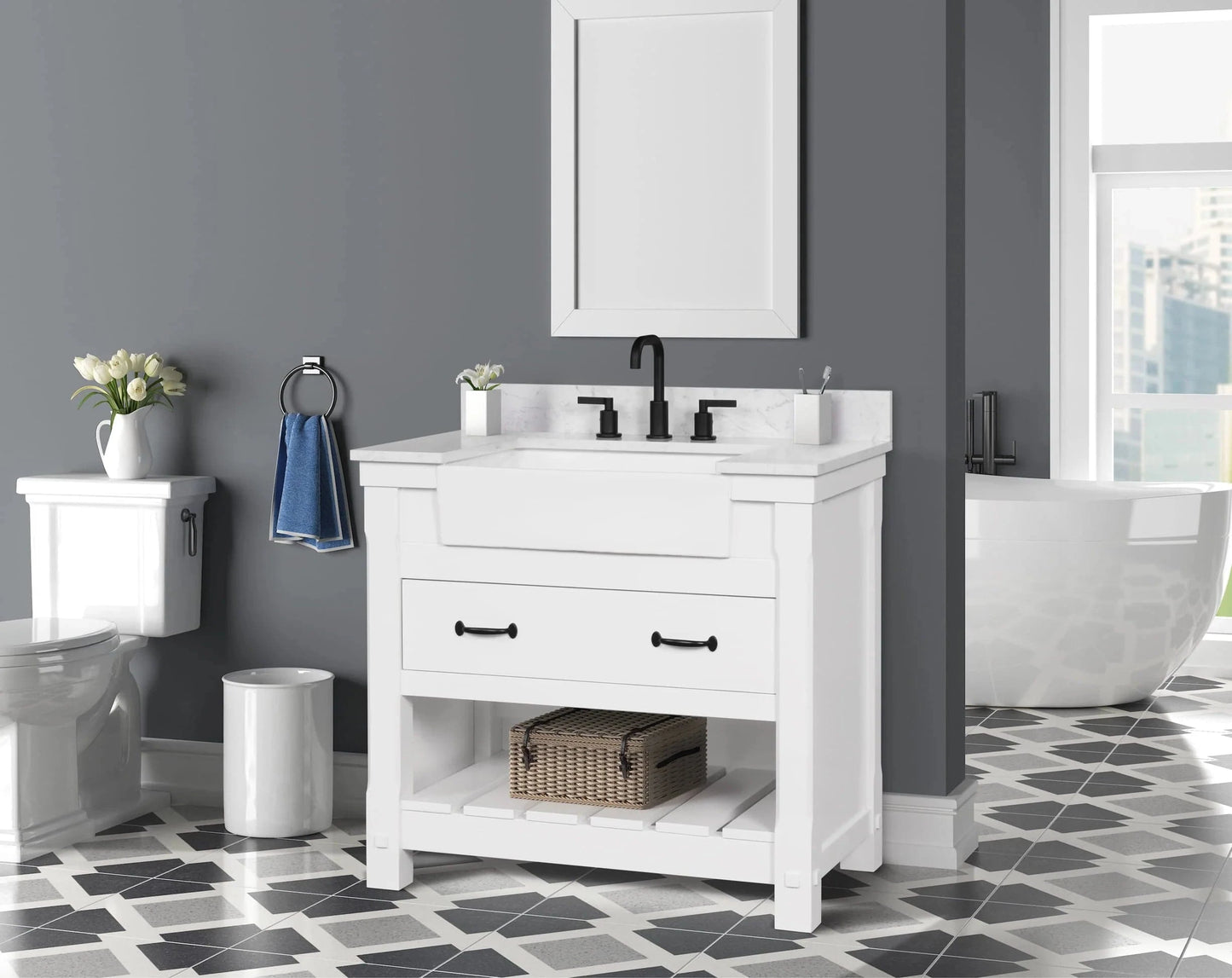Farmington 36" White Open Shelf Vanity Set with Carrara Marble Top Horizon Tile