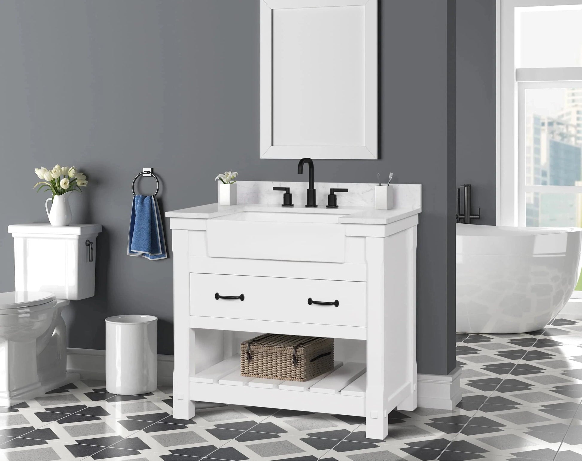 Farmington 36" White Open Shelf Vanity Set with Carrara Marble Top Horizon Tile