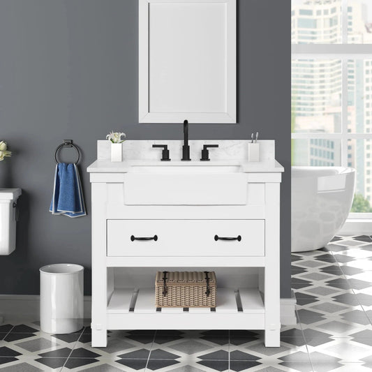Farmington 36" White Open Shelf Vanity Set with Carrara Marble Top Horizon Tile