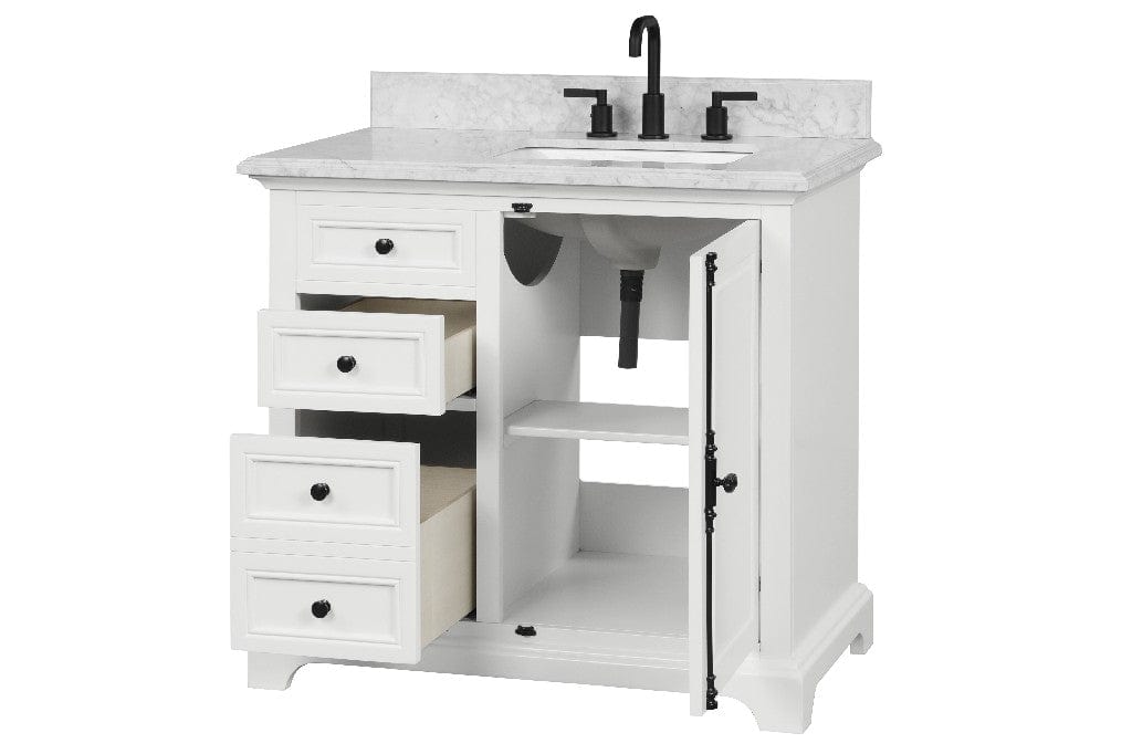 Icon 36" White Single Sink Bathroom Vanity with Carrara Marble Vanity Top Horizon Tile