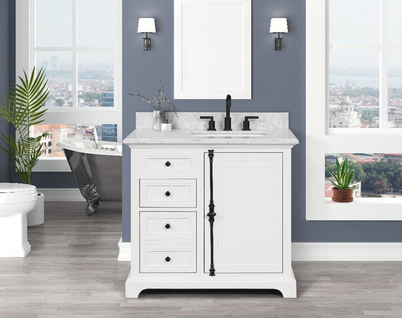 Icon 36" White Single Sink Bathroom Vanity with Carrara Marble Vanity Top Horizon Tile