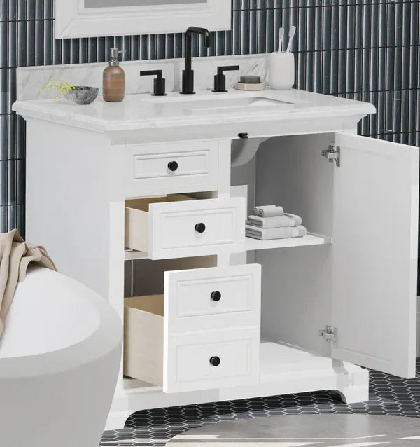 OasisTile Averra 36" White Single Sink Bathroom Vanity with Carrara Marble Vanity Top Horizon Tile