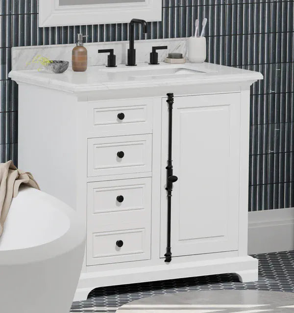 OasisTile Averra 36" White Single Sink Bathroom Vanity with Carrara Marble Vanity Top Horizon Tile