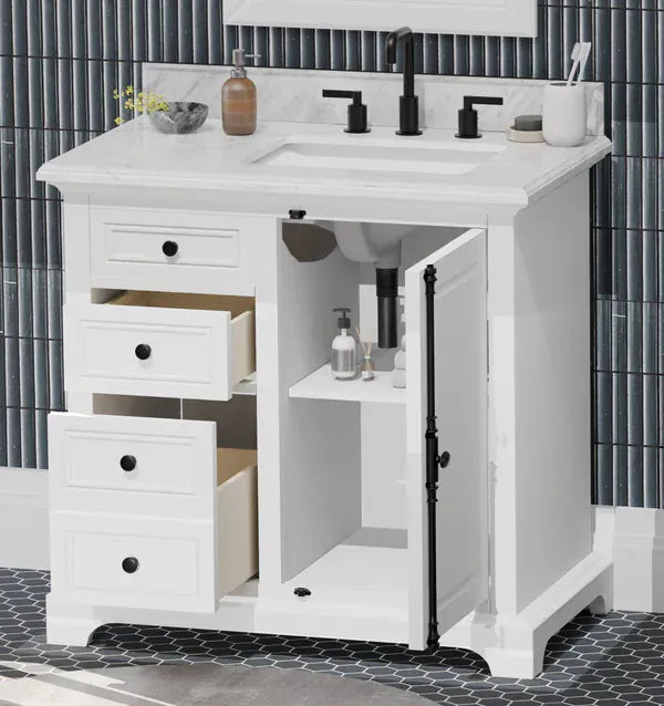 OasisTile Averra 36" White Single Sink Bathroom Vanity with Carrara Marble Vanity Top Horizon Tile