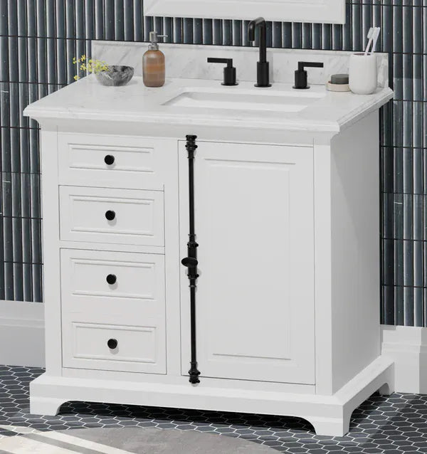 OasisTile Averra 36" White Single Sink Bathroom Vanity with Carrara Marble Vanity Top Horizon Tile