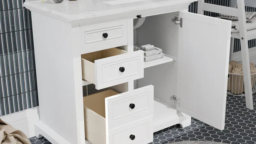 OasisTile Averra 36" White Single Sink Bathroom Vanity with Carrara Marble Vanity Top Horizon Tile