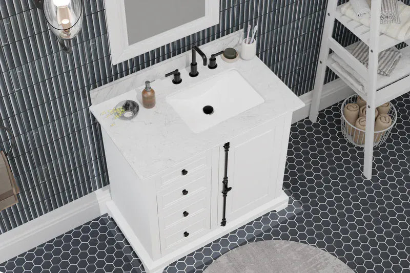 OasisTile Averra 36" White Single Sink Bathroom Vanity with Carrara Marble Vanity Top Horizon Tile