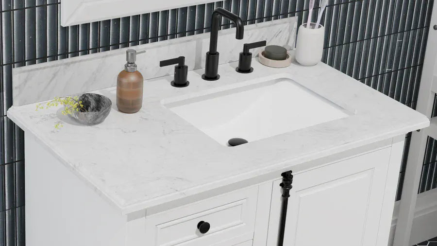 OasisTile Averra 36" White Single Sink Bathroom Vanity with Carrara Marble Vanity Top Horizon Tile