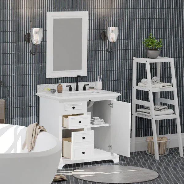 OasisTile Averra 36" White Single Sink Bathroom Vanity with Carrara Marble Vanity Top Horizon Tile