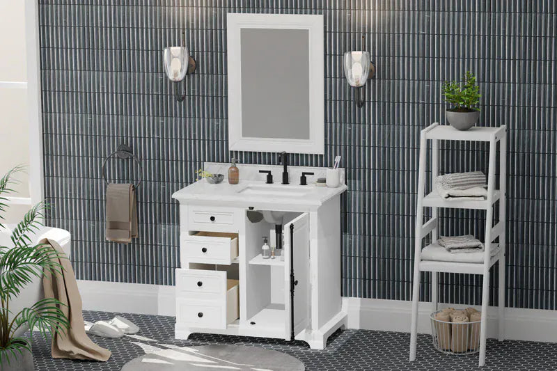OasisTile Averra 36" White Single Sink Bathroom Vanity with Carrara Marble Vanity Top Horizon Tile