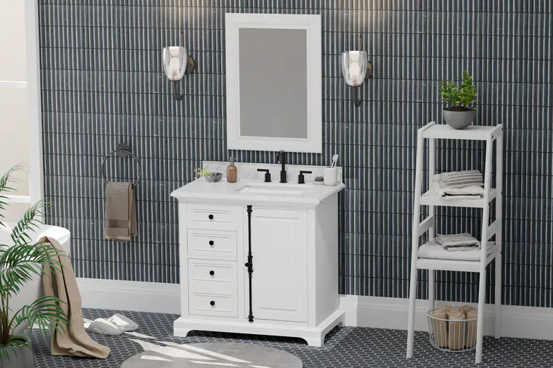 OasisTile Averra 36" White Single Sink Bathroom Vanity with Carrara Marble Vanity Top Horizon Tile