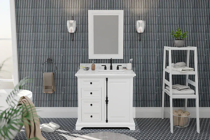 OasisTile Averra 36" White Single Sink Bathroom Vanity with Carrara Marble Vanity Top Horizon Tile