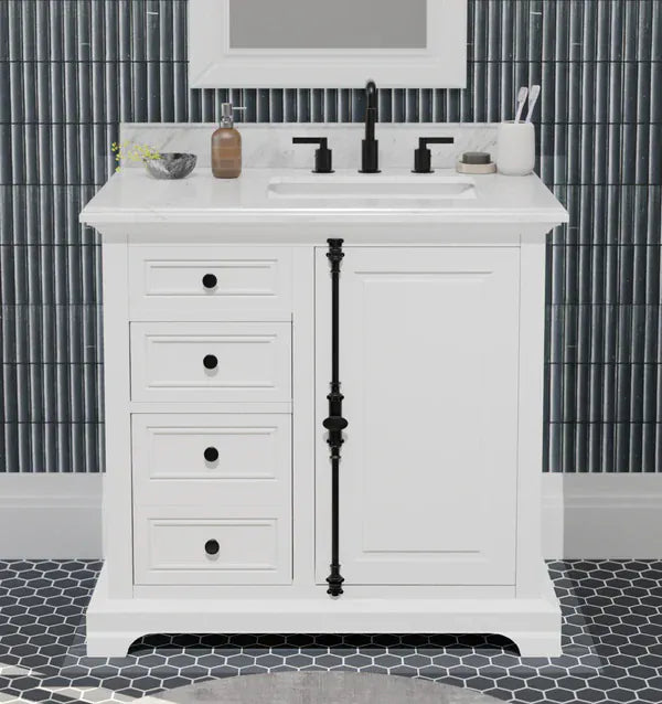 OasisTile Averra 36" White Single Sink Bathroom Vanity with Carrara Marble Vanity Top Horizon Tile