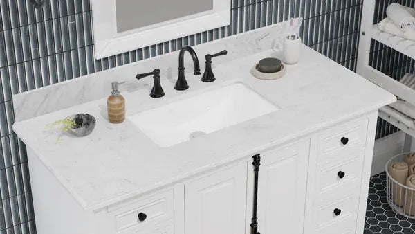 OasisTile Averra 48" White Single Sink Bathroom Vanity with Carrara Marble Vanity Top Horizon Tile