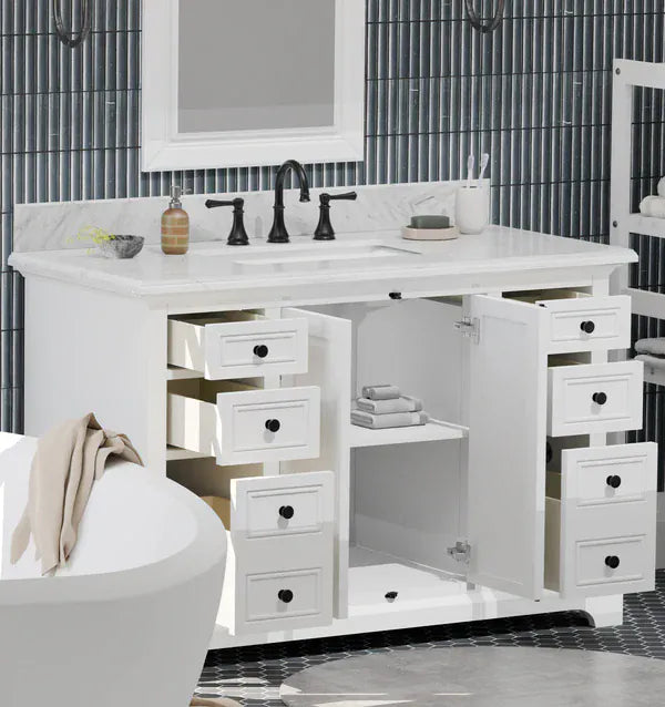 OasisTile Averra 48" White Single Sink Bathroom Vanity with Carrara Marble Vanity Top Horizon Tile