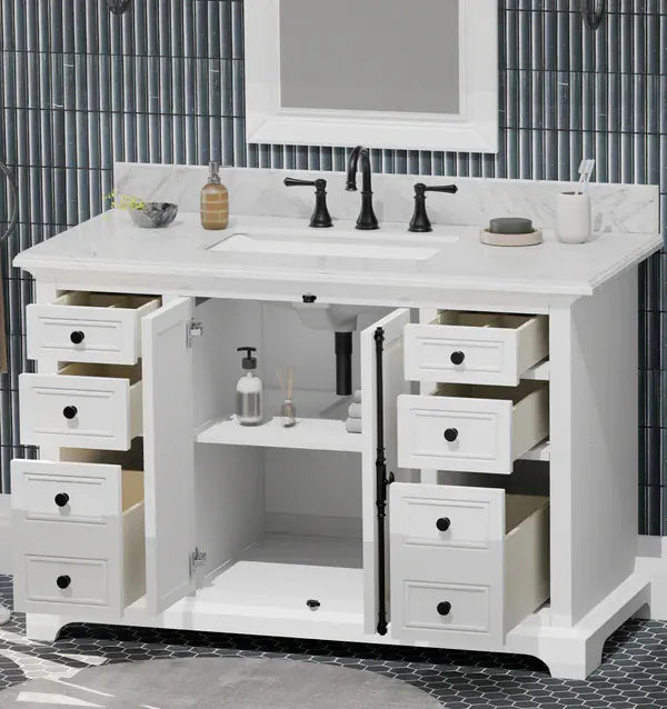 OasisTile Averra 48" White Single Sink Bathroom Vanity with Carrara Marble Vanity Top Horizon Tile