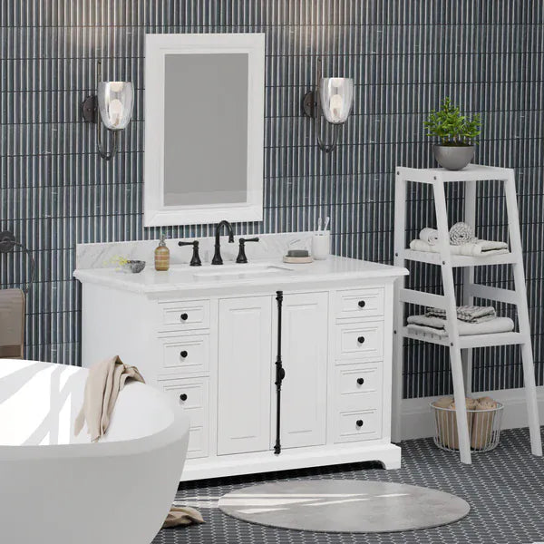 OasisTile Averra 48" White Single Sink Bathroom Vanity with Carrara Marble Vanity Top Horizon Tile