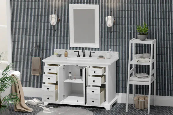 OasisTile Averra 48" White Single Sink Bathroom Vanity with Carrara Marble Vanity Top Horizon Tile