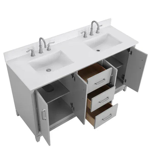 OasisTile Modare 60" Light Gray Vanity Combo with Snow White Quartz Top Horizon Tile