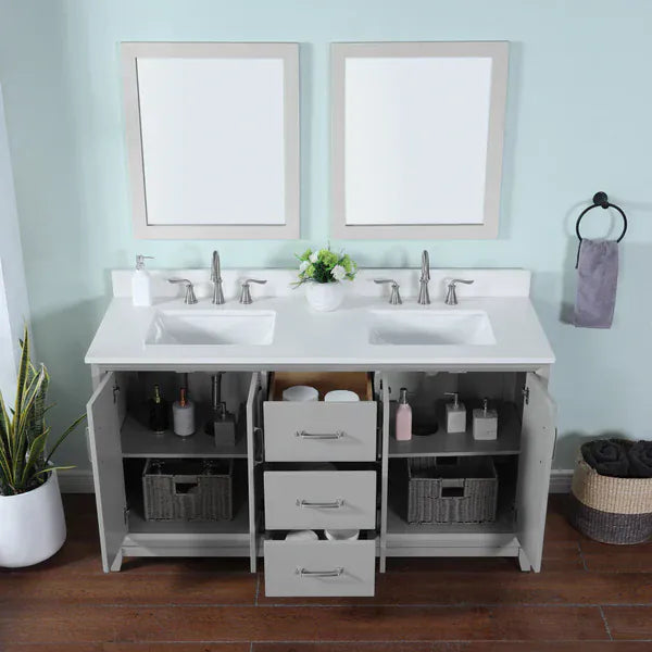 OasisTile Modare 60" Light Gray Vanity Combo with Snow White Quartz Top Horizon Tile