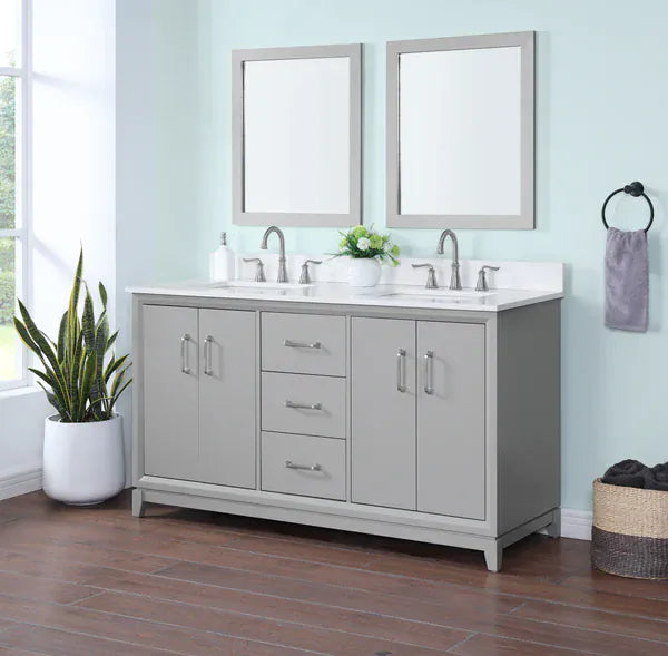 OasisTile Modare 60" Light Gray Vanity Combo with Snow White Quartz Top Horizon Tile
