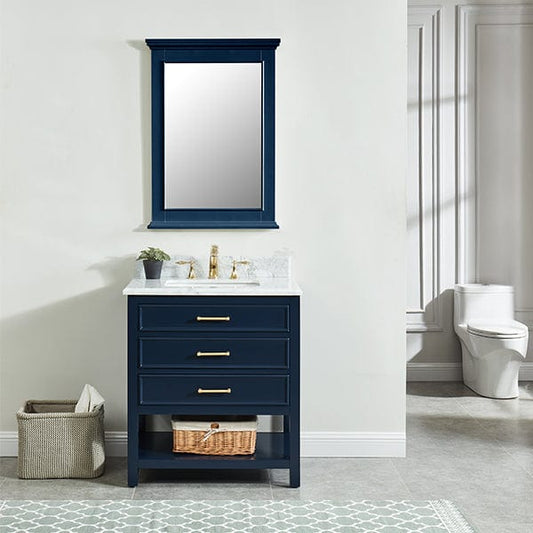 Manhattan 30" Navy Blue Single Sink Vanity with Carrara White Natural Marble Top Horizon Tile