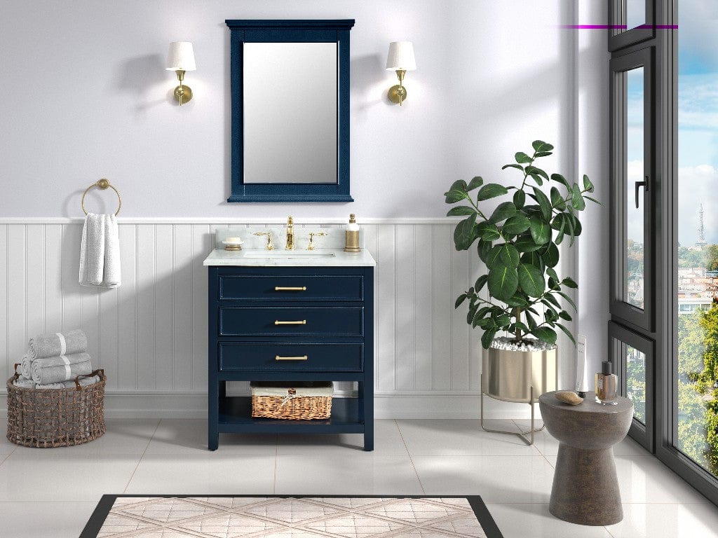 Manhattan 30" Navy Blue Single Sink Vanity with Carrara White Natural Marble Top Horizon Tile