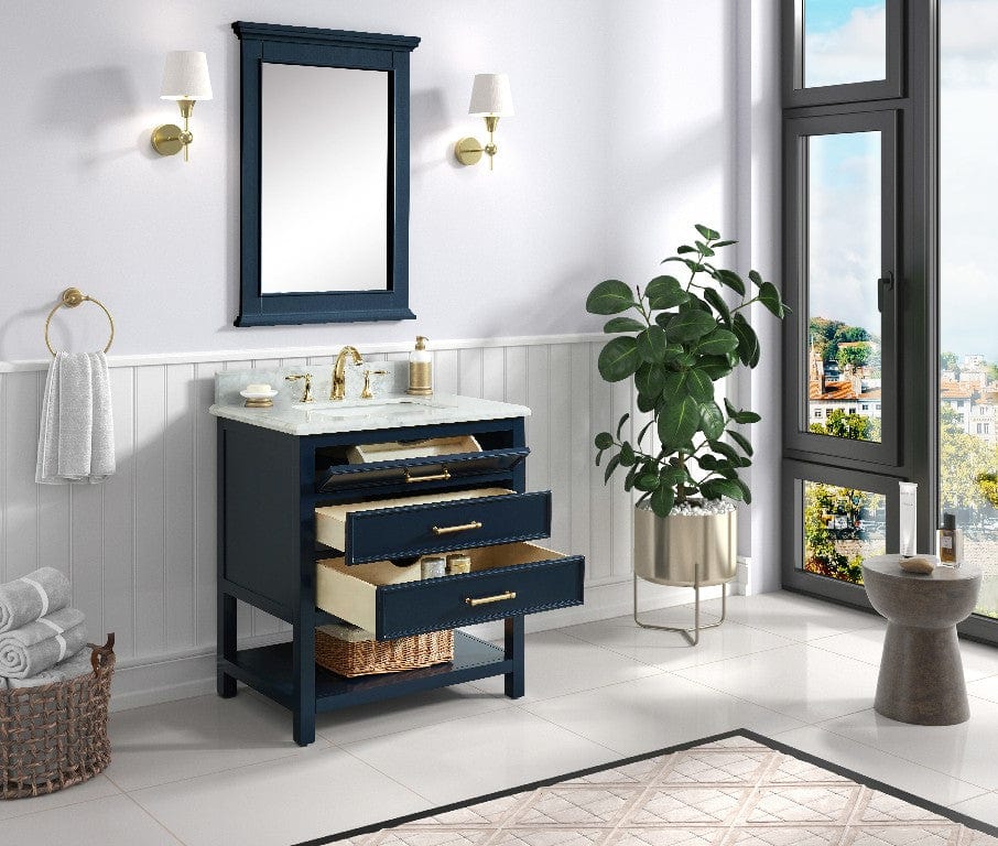 Manhattan 30" Navy Blue Single Sink Vanity with Carrara White Natural Marble Top Horizon Tile