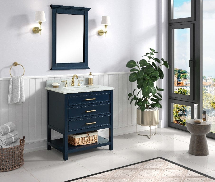 Manhattan 30" Navy Blue Single Sink Vanity with Carrara White Natural Marble Top Horizon Tile