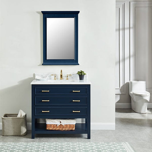 Manhattan 36" Navy Blue Single Sink Vanity with Carrara White Natural Marble Top Horizon Tile