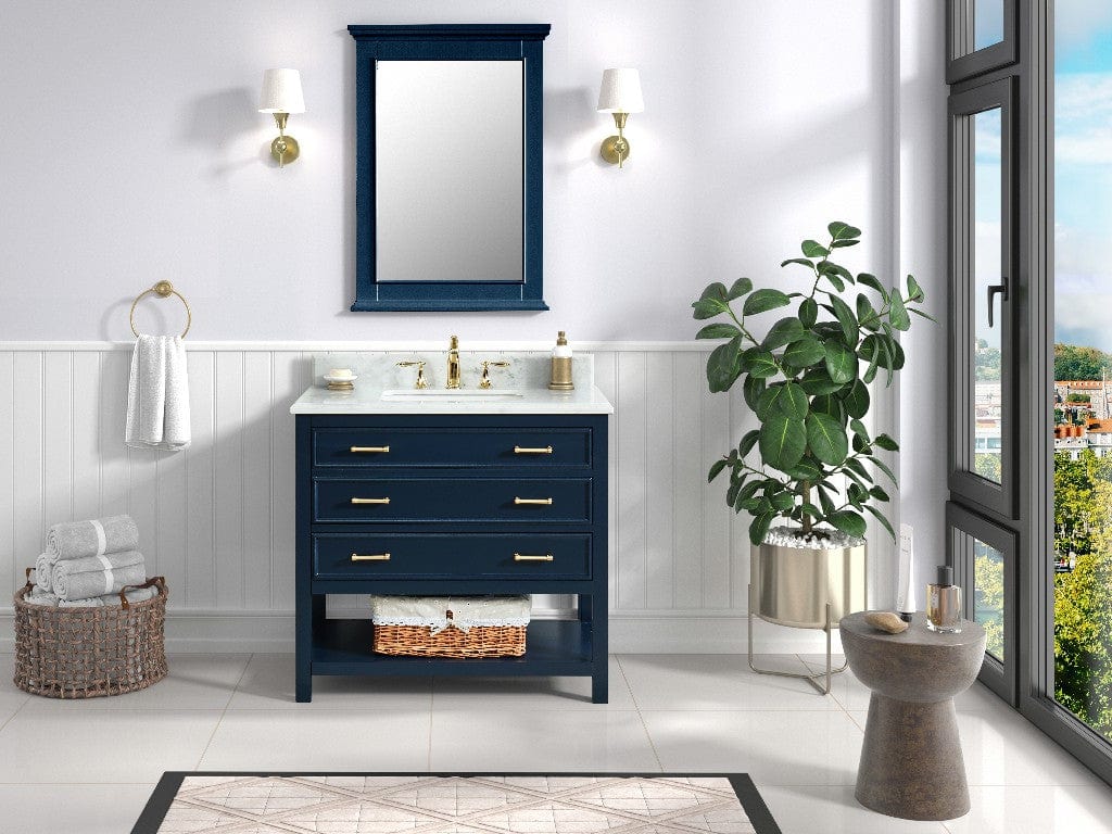 Manhattan 36" Navy Blue Single Sink Vanity with Carrara White Natural Marble Top Horizon Tile