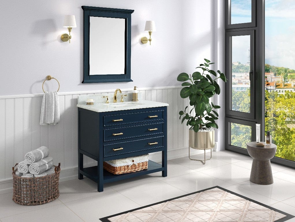 Manhattan 36" Navy Blue Single Sink Vanity with Carrara White Natural Marble Top Horizon Tile