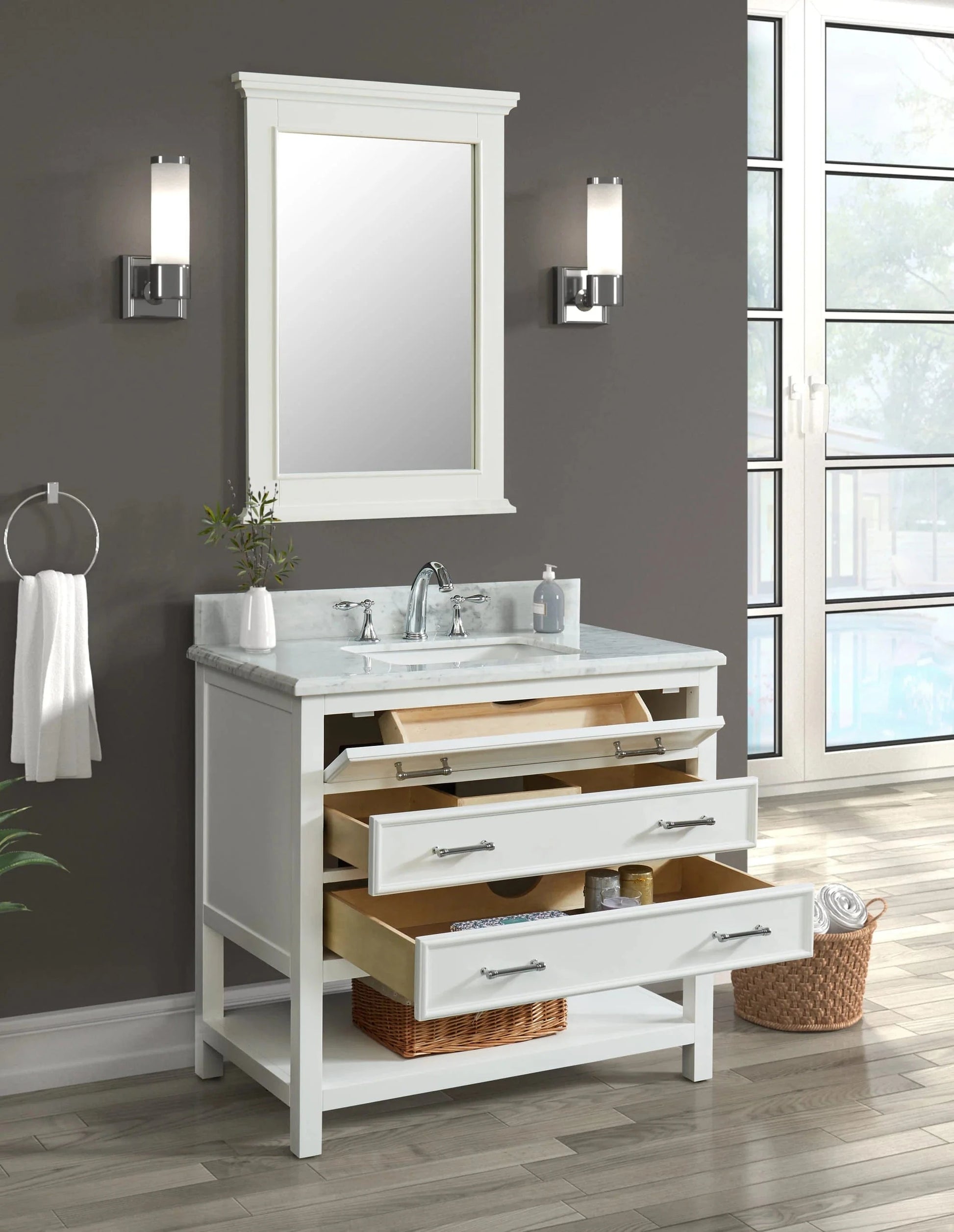 Manhattan 36" White Single Vanity With Carrara Marble Top Horizon Tile