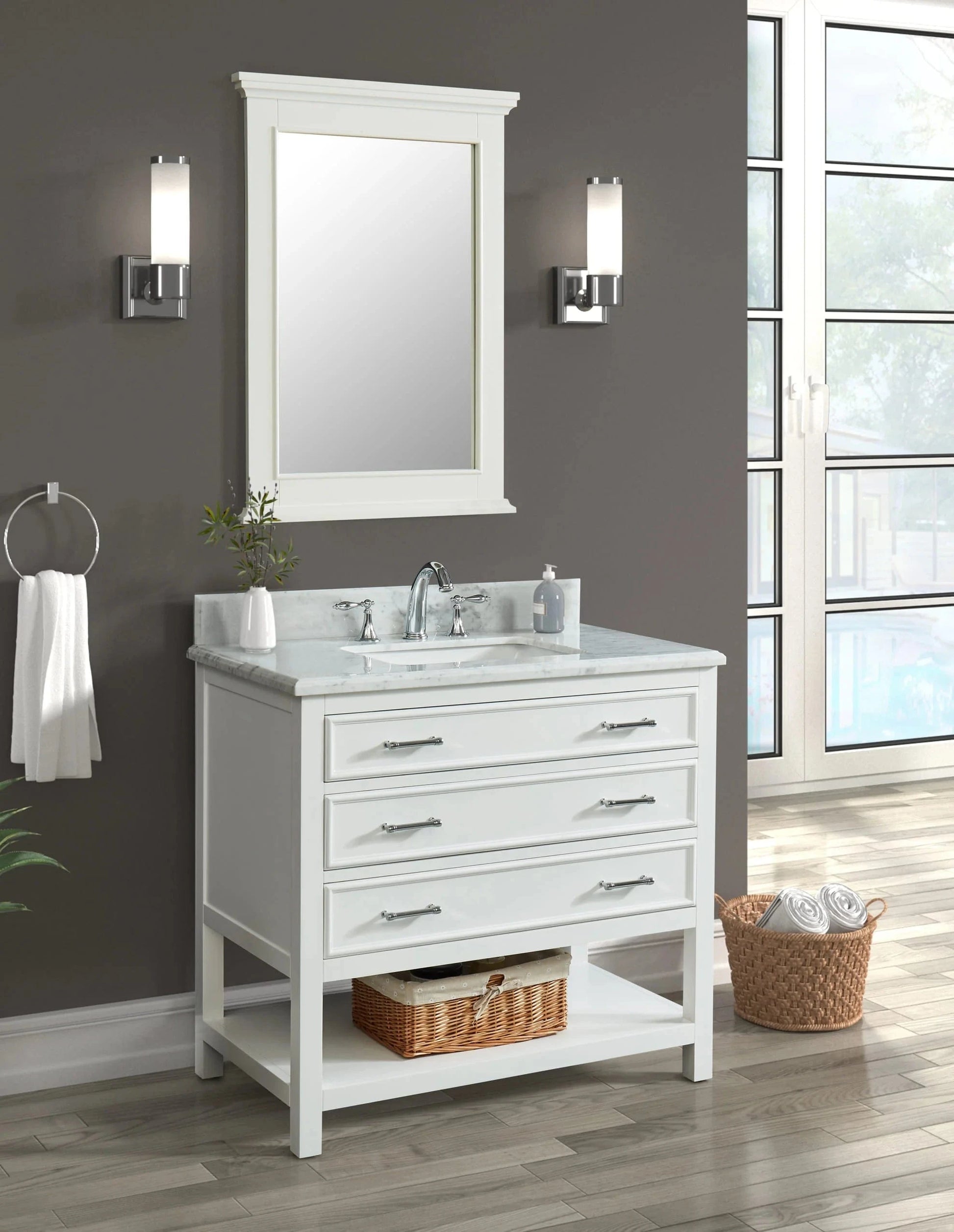 Manhattan 36" White Single Vanity With Carrara Marble Top Horizon Tile
