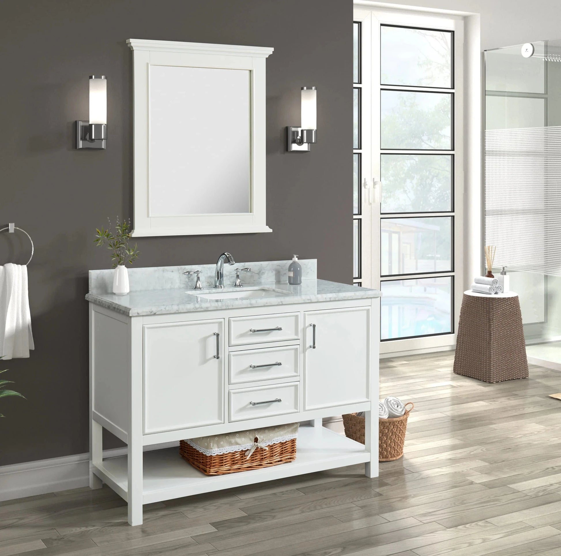 Manhattan 48" White Single Vanity With Carrara Marble Top Horizon Tile