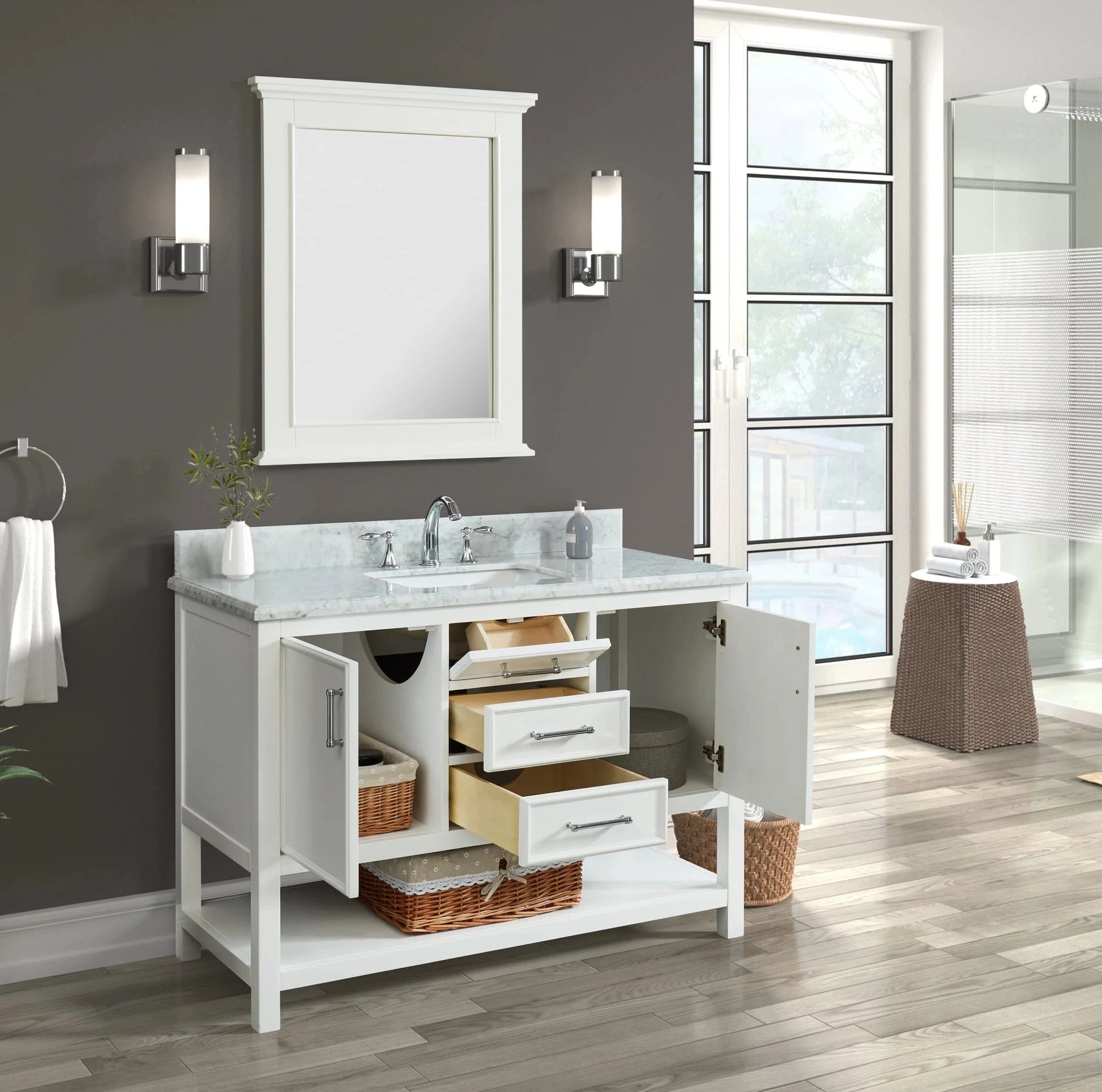 Manhattan 48" White Single Vanity With Carrara Marble Top Horizon Tile