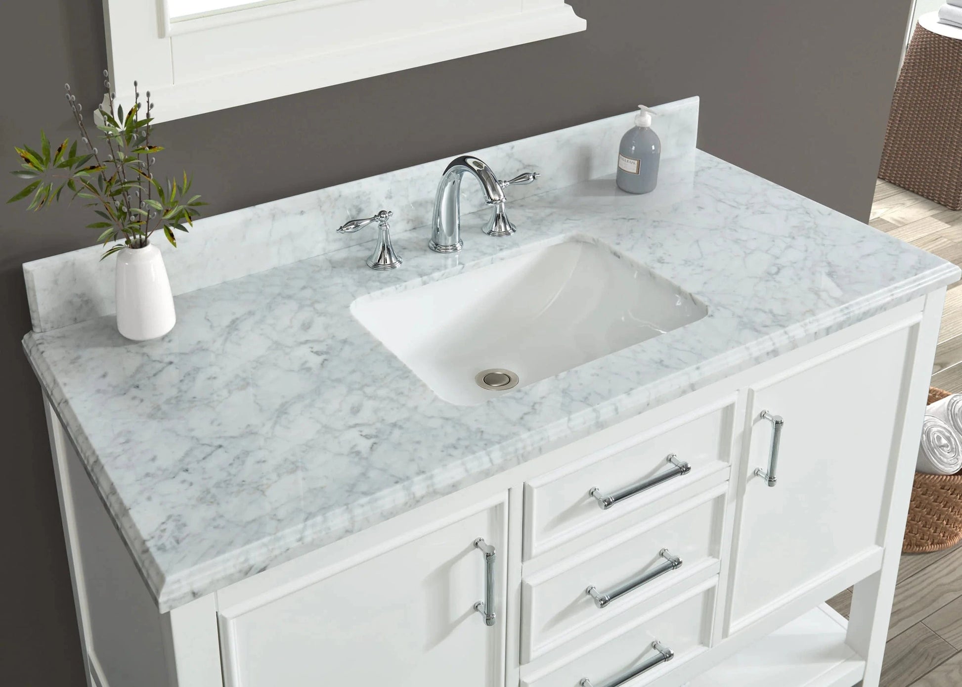 Manhattan 48" White Single Vanity With Carrara Marble Top Horizon Tile