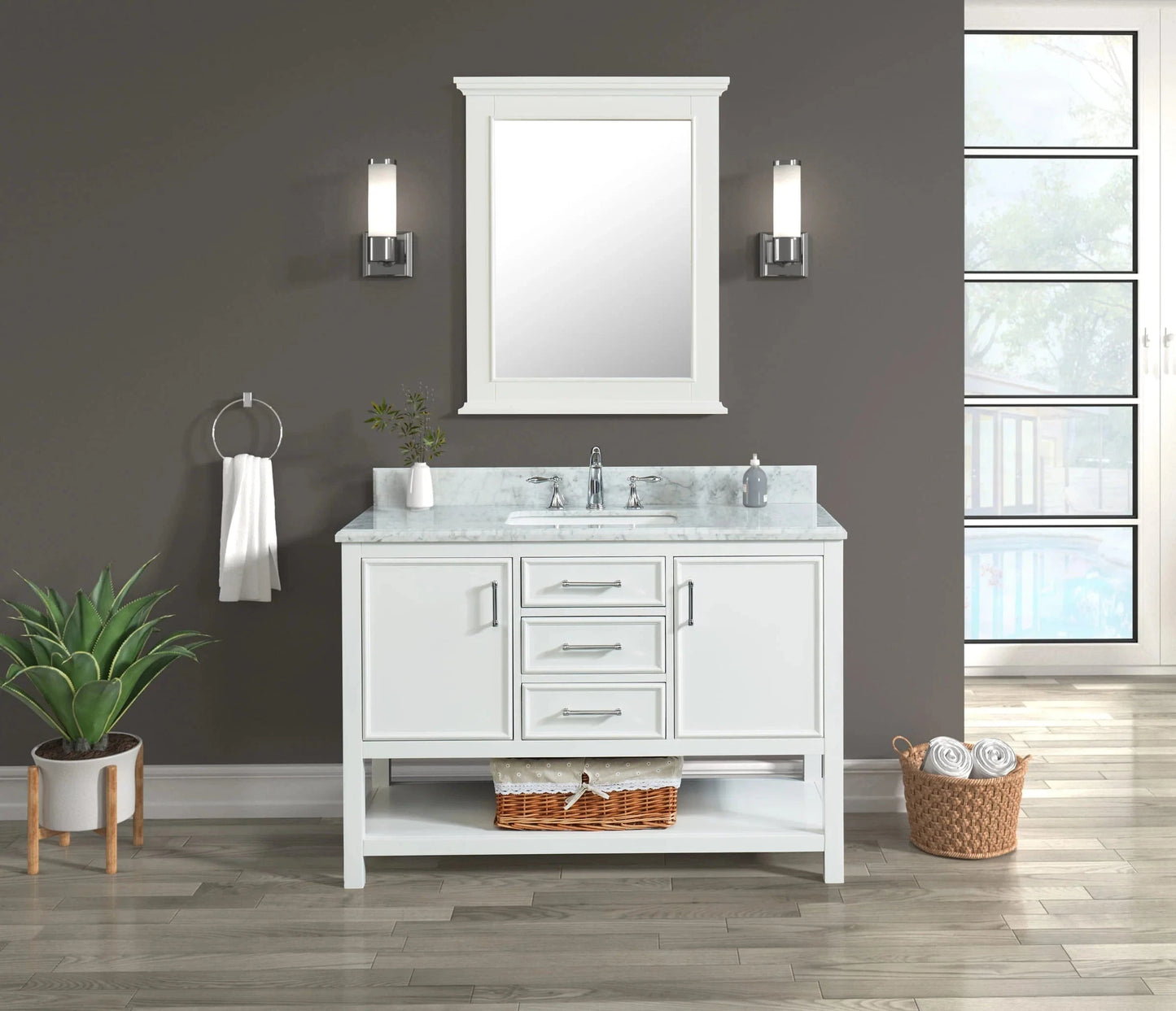 Manhattan 48" White Single Vanity With Carrara Marble Top Horizon Tile
