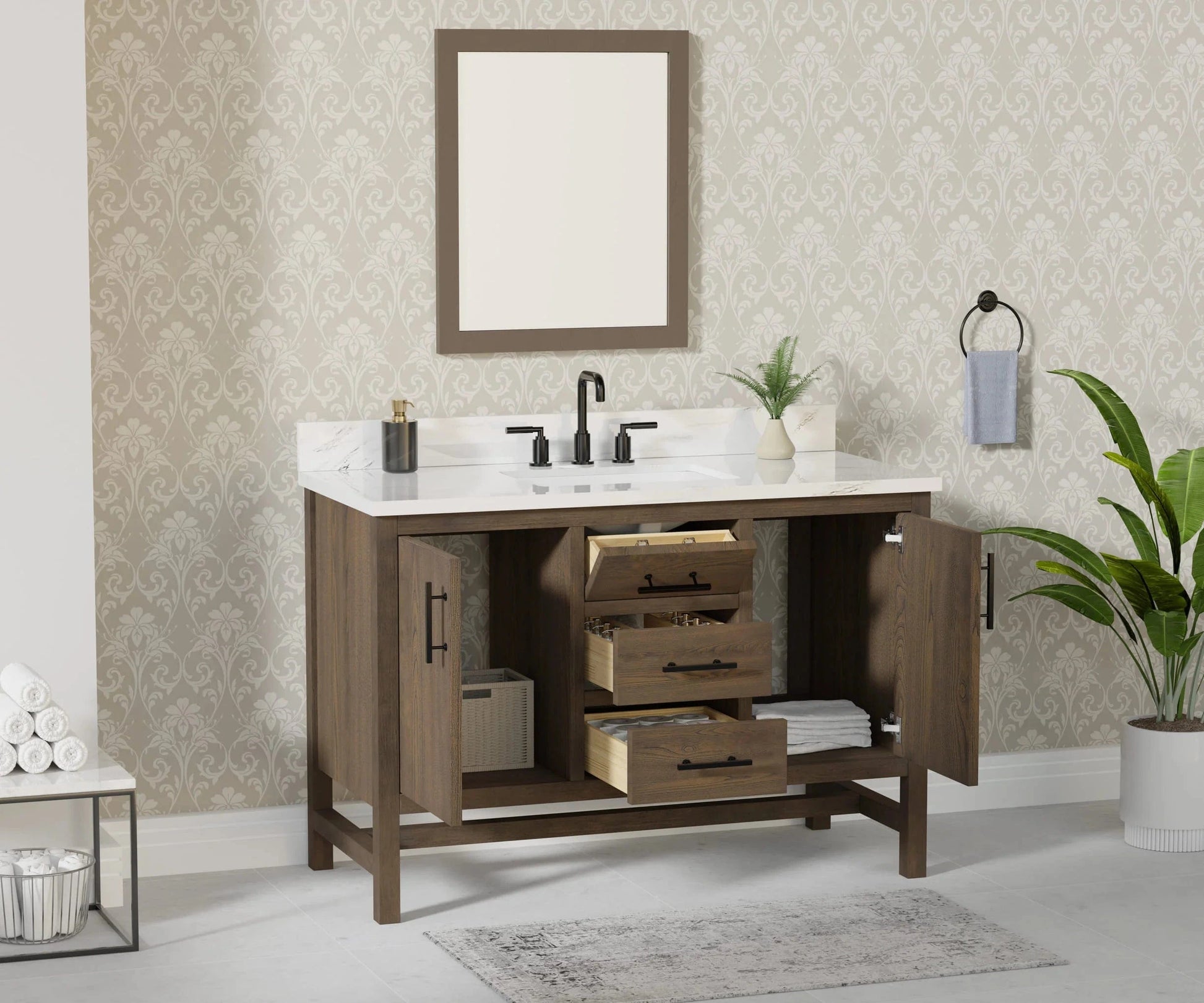 Solon 48“ Vanity Family Set with Calacatta Sintered Stone Top Horizon Tile