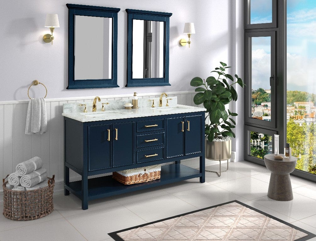 Manhattan 60" Navy Blue Vanity Combo with Authentic Italian Carrara Marble Top Horizon Tile