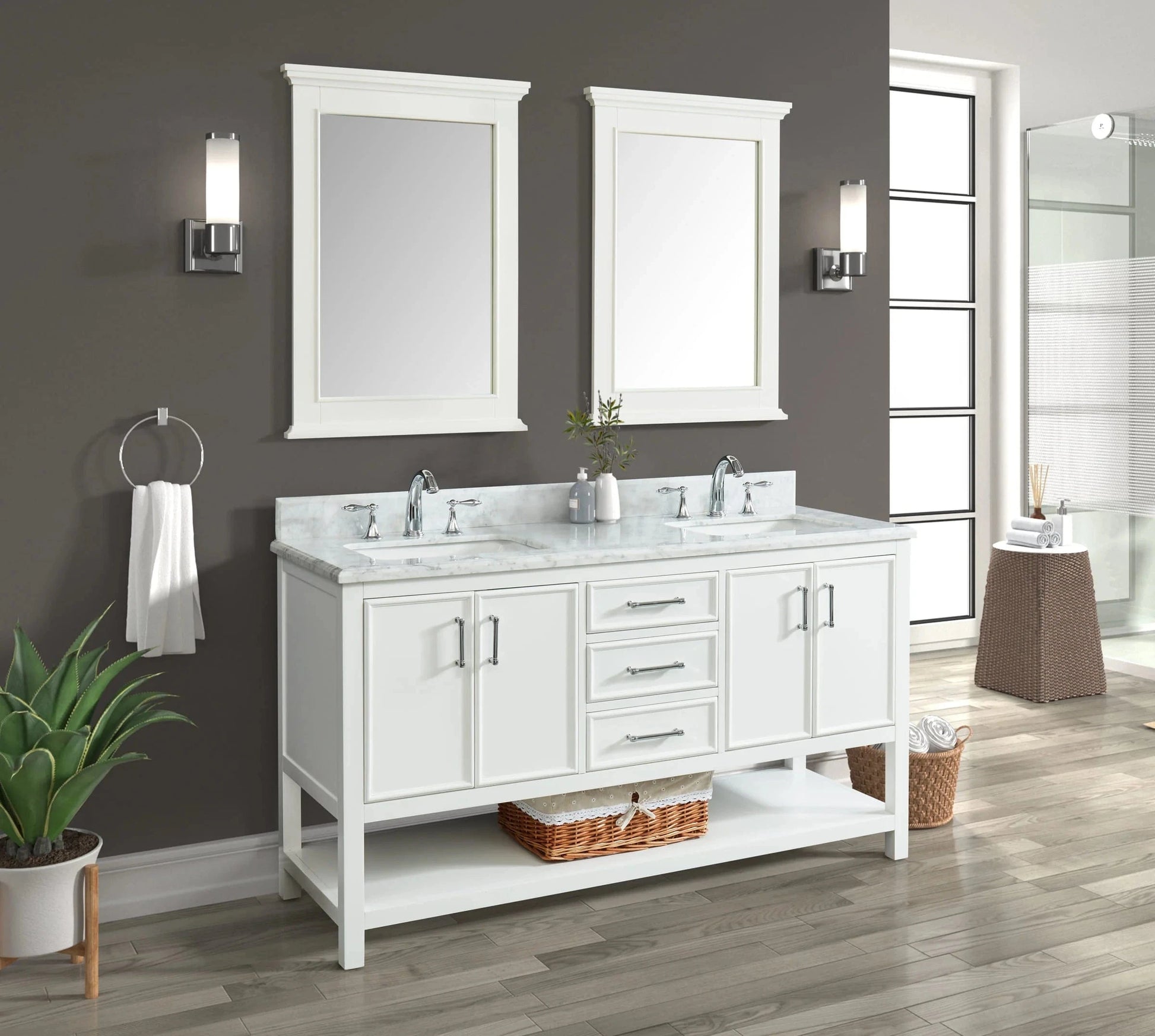 Manhattan 60" White Single Vanity With Carrara Marble Top Horizon Tile