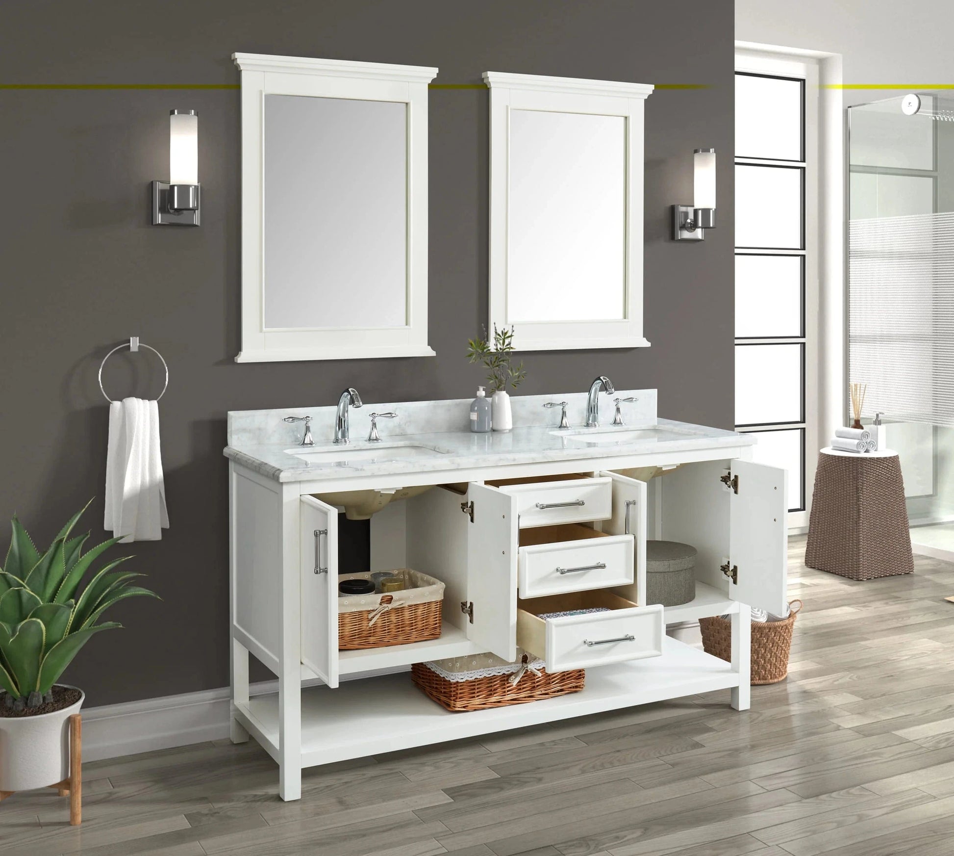 Manhattan 60" White Single Vanity With Carrara Marble Top Horizon Tile