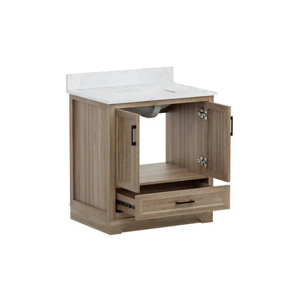 OasisTile Rivora 30" Light Wood Double Sink Bathroom Vanity with Carrara White Engineered Stone Top Horizon Tile