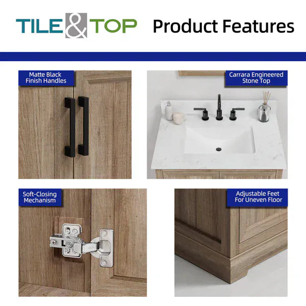 OasisTile Rivora 30" Light Wood Double Sink Bathroom Vanity with Carrara White Engineered Stone Top Horizon Tile