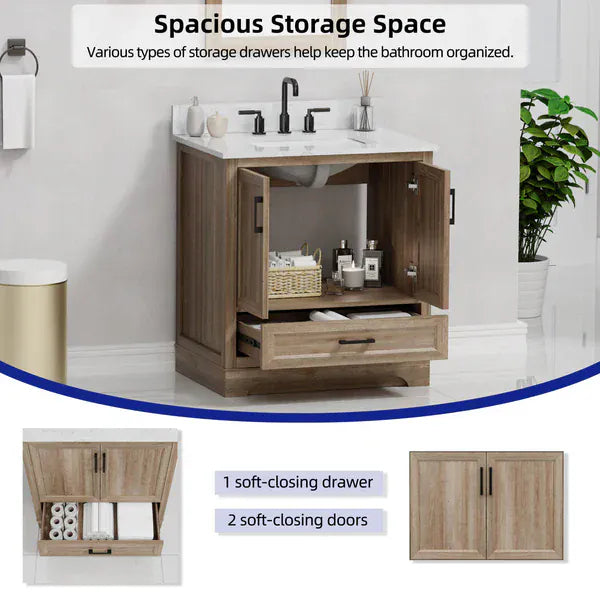 OasisTile Rivora 30" Light Wood Double Sink Bathroom Vanity with Carrara White Engineered Stone Top Horizon Tile