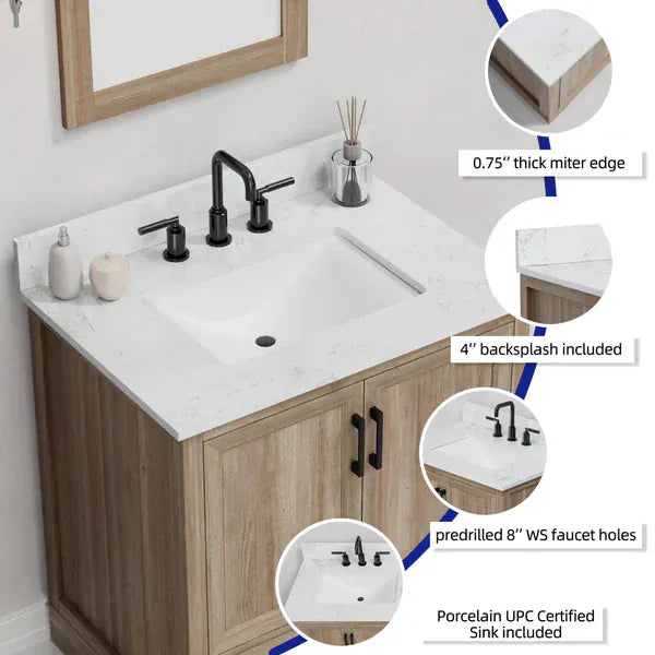 OasisTile Rivora 30" Light Wood Double Sink Bathroom Vanity with Carrara White Engineered Stone Top Horizon Tile