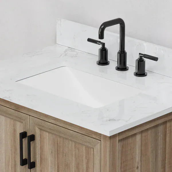 OasisTile Rivora 30" Light Wood Double Sink Bathroom Vanity with Carrara White Engineered Stone Top Horizon Tile